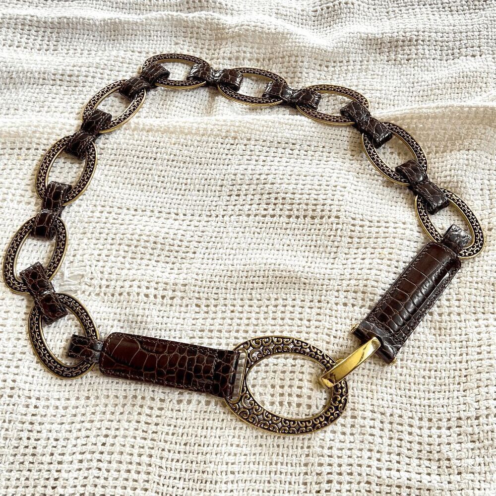 NWOT Brighton Womens Stretch Belt Size 32 Brown Leather Gold Tone Hardwear - SZ
